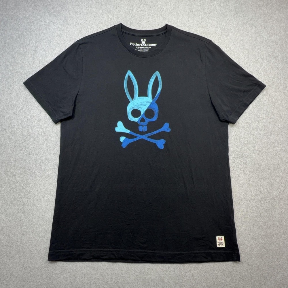 Psycho Bunny Shirt Men Large Black Blue Skull Bunny Graphic Andover Logo Cotton